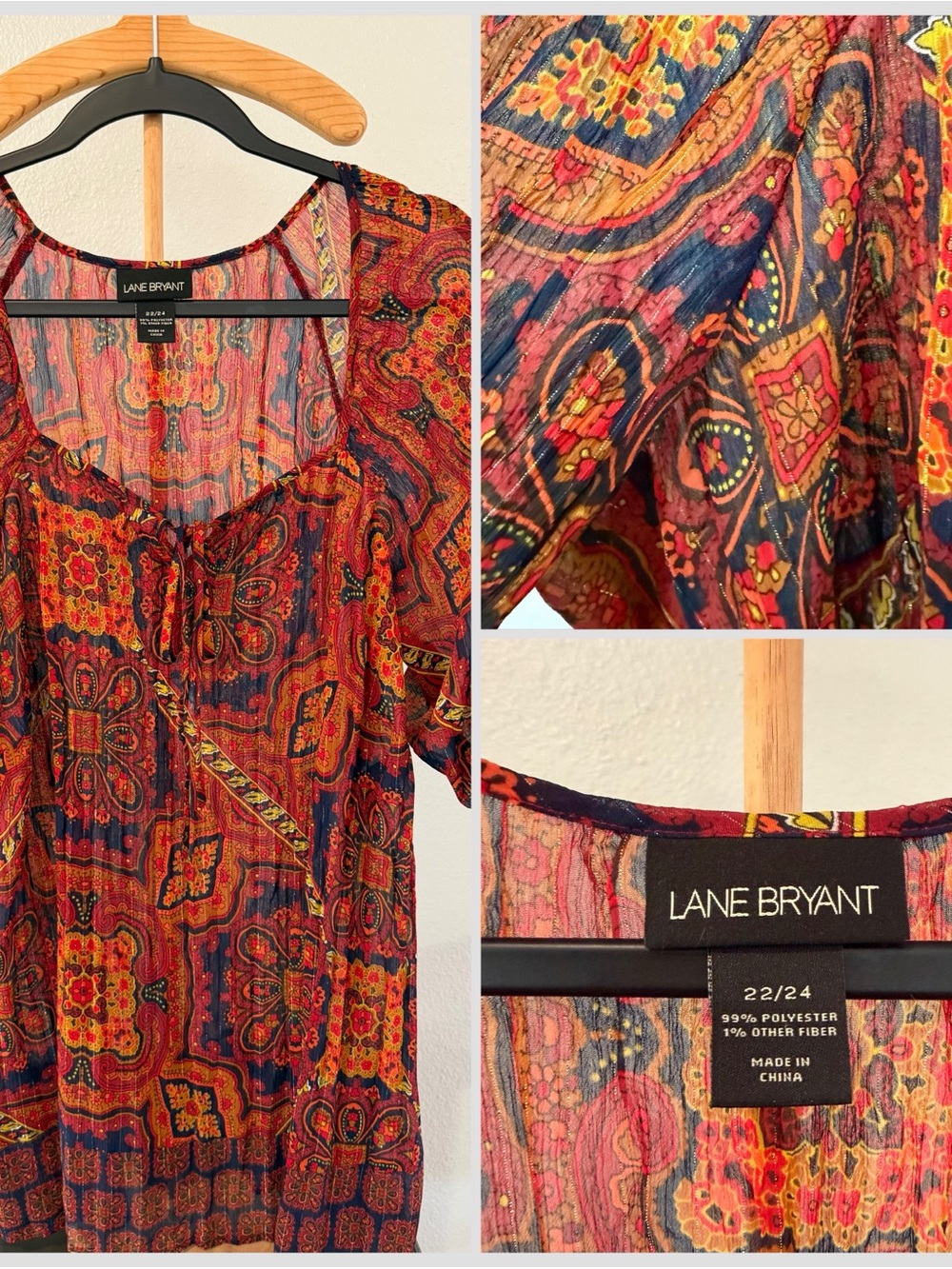 Lane Bryant Navy and Red Paisley Peasant Top